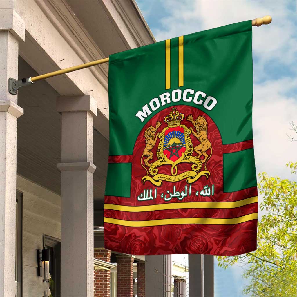 Morocco Proclamation Day Garden Flag with Marruecos Coat of Arms and Roses Pattern LT01