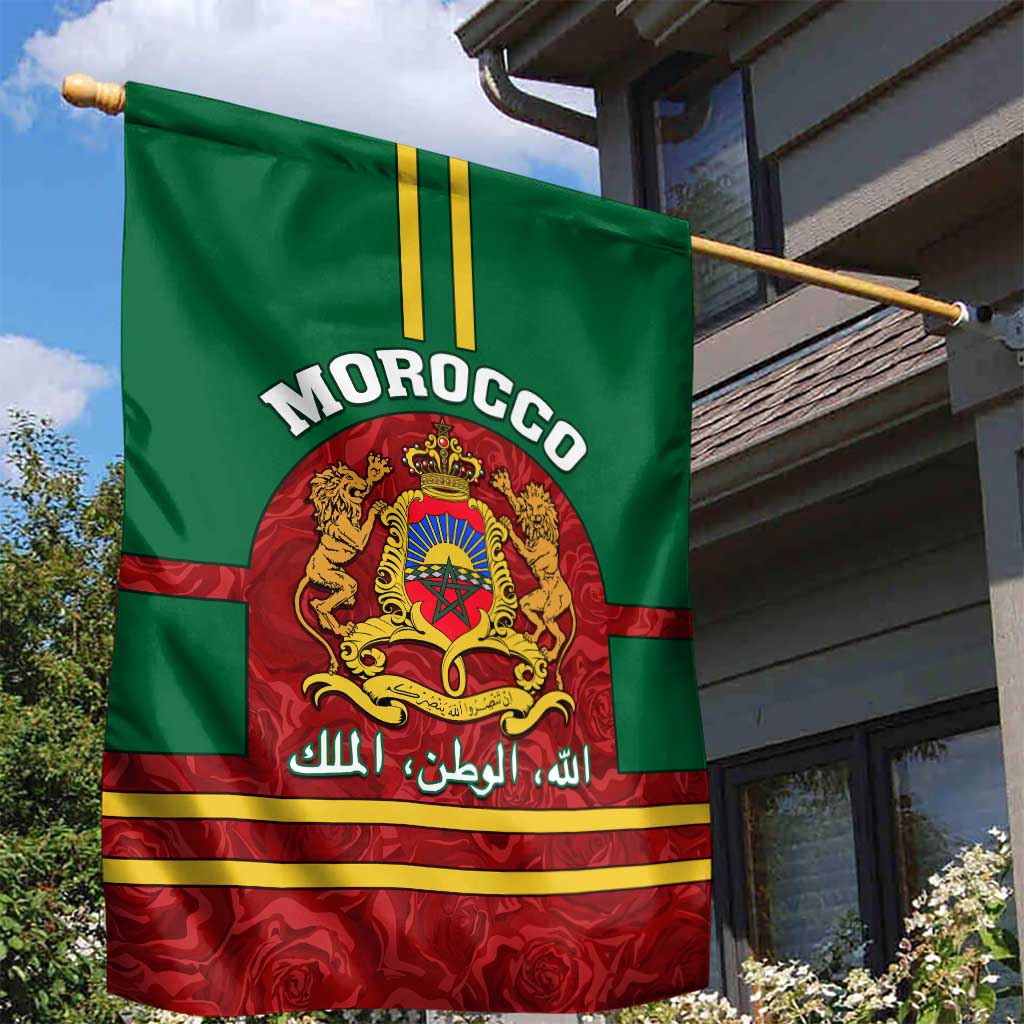Morocco Proclamation Day Garden Flag with Marruecos Coat of Arms and Roses Pattern LT01