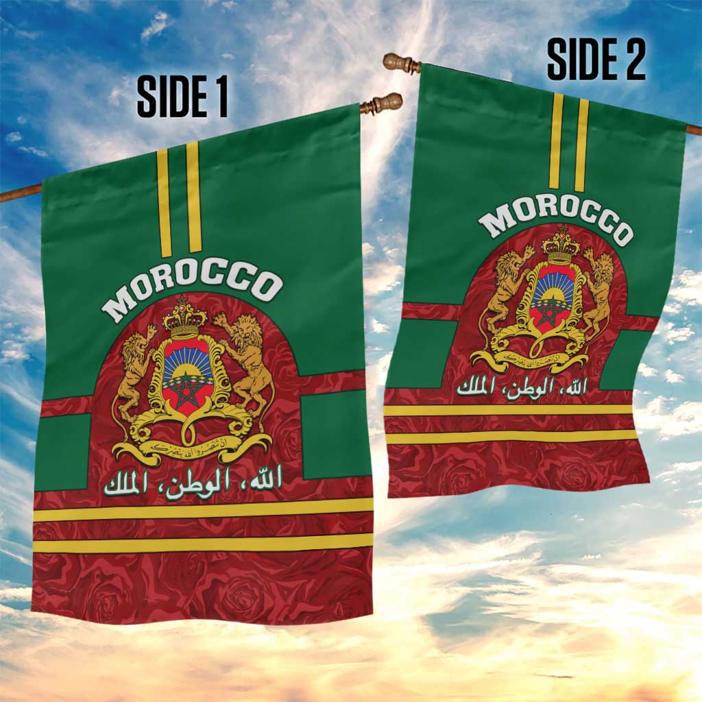 Morocco Proclamation Day Garden Flag with Marruecos Coat of Arms and Roses Pattern LT01