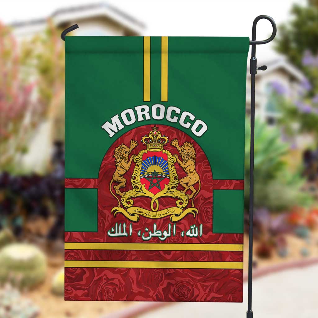 Morocco Proclamation Day Garden Flag with Marruecos Coat of Arms and Roses Pattern LT01