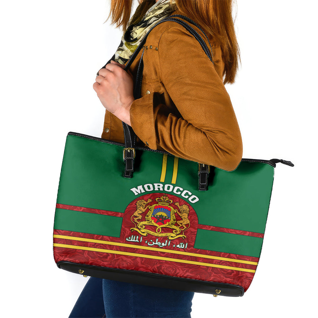 Morocco Proclamation Day Leather Tote Bag Marruecos Coat of Arms Roses Pattern LT01