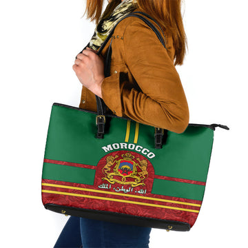 Morocco Proclamation Day Leather Tote Bag Marruecos Coat of Arms Roses Pattern LT01