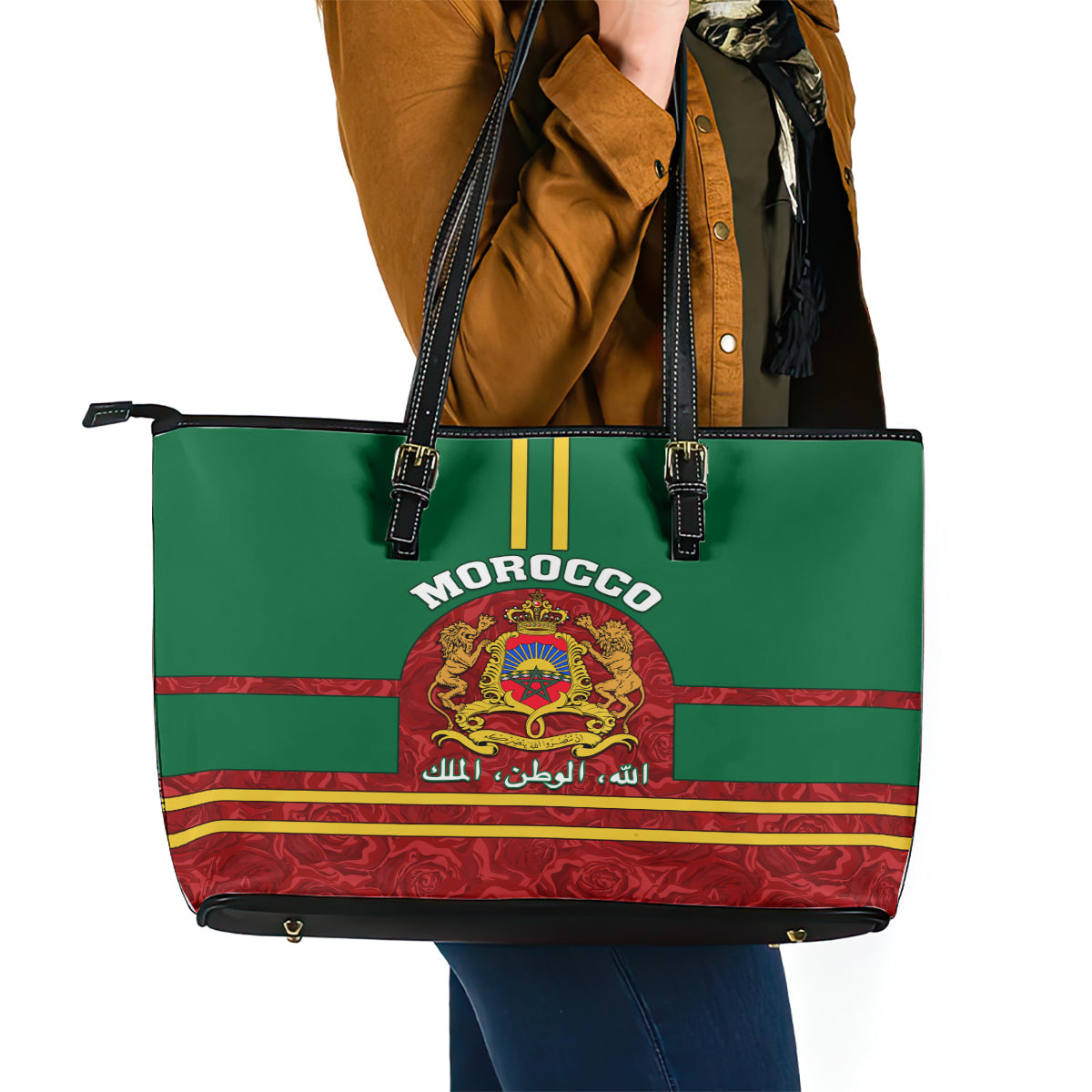 Morocco Proclamation Day Leather Tote Bag Marruecos Coat of Arms Roses Pattern LT01