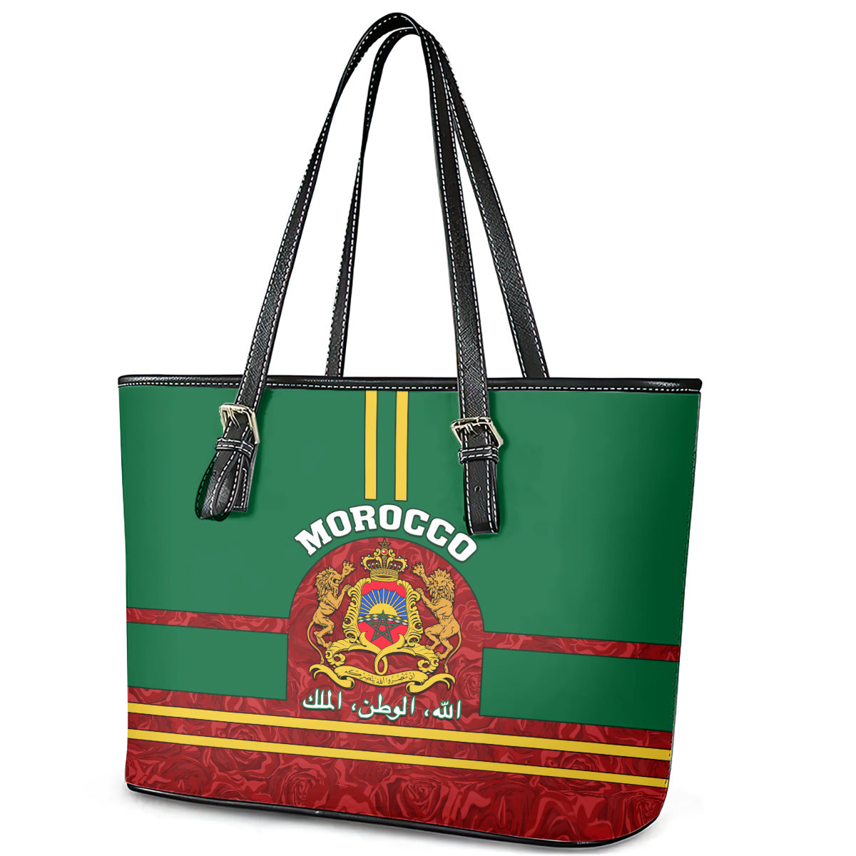 Morocco Proclamation Day Leather Tote Bag Marruecos Coat of Arms Roses Pattern LT01