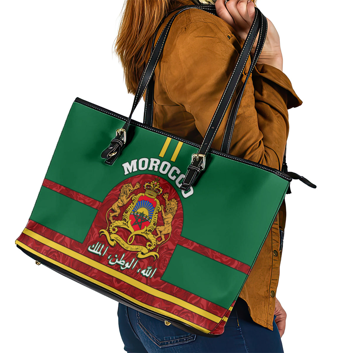 Morocco Proclamation Day Leather Tote Bag Marruecos Coat of Arms Roses Pattern LT01