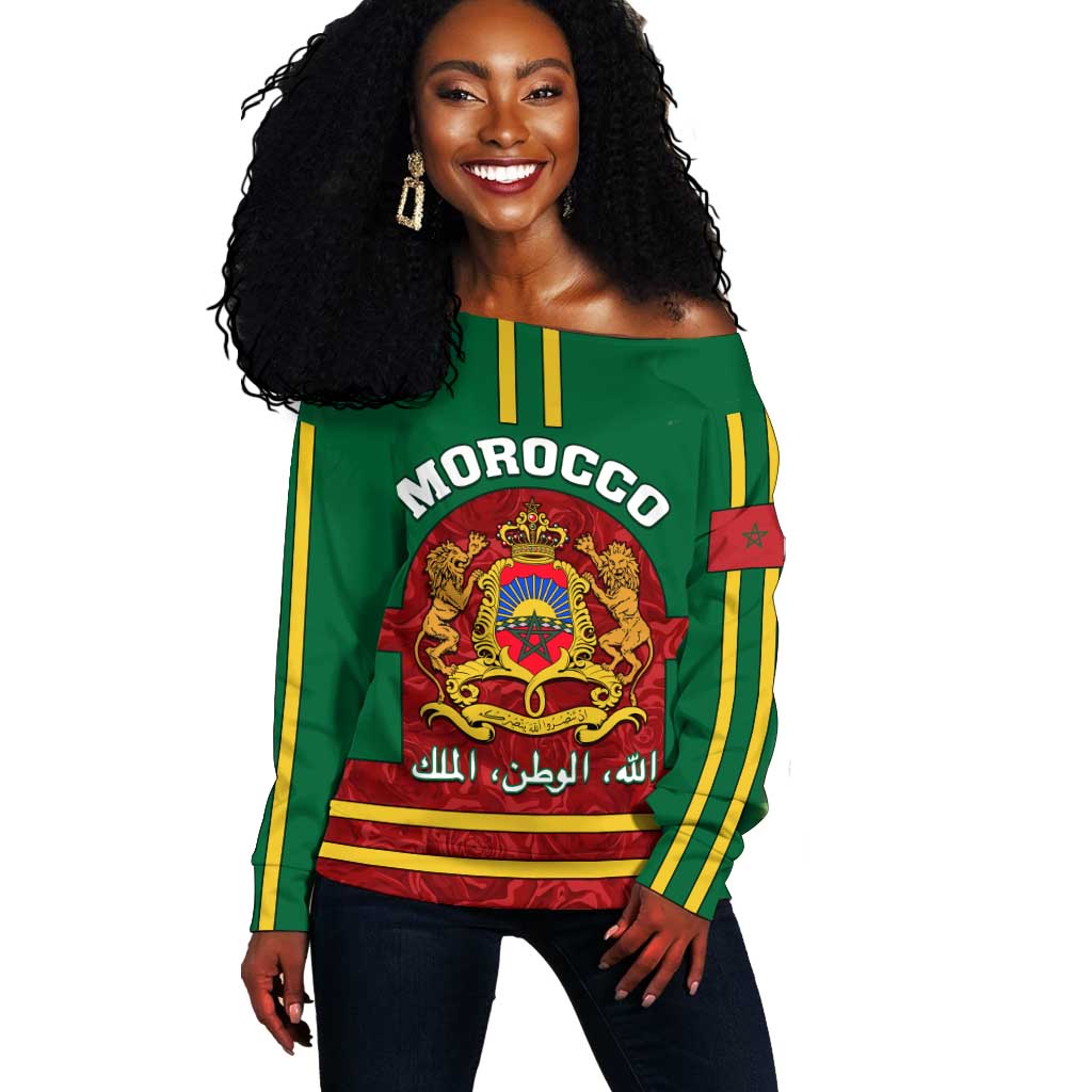 Morocco Proclamation Day Off Shoulder Sweater with Marruecos Coat of Arms and Roses Pattern LT01