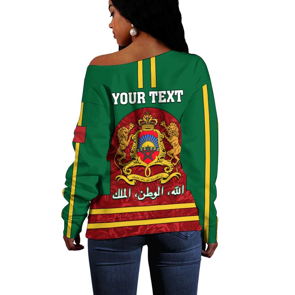 Morocco Proclamation Day Off Shoulder Sweater with Marruecos Coat of Arms and Roses Pattern LT01