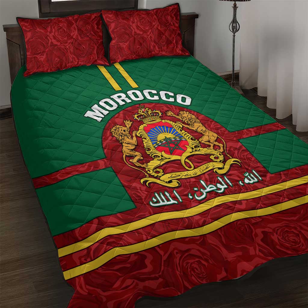 Morocco Proclamation Day Quilt Bed Set with Marruecos Coat of Arms and Roses Pattern LT01