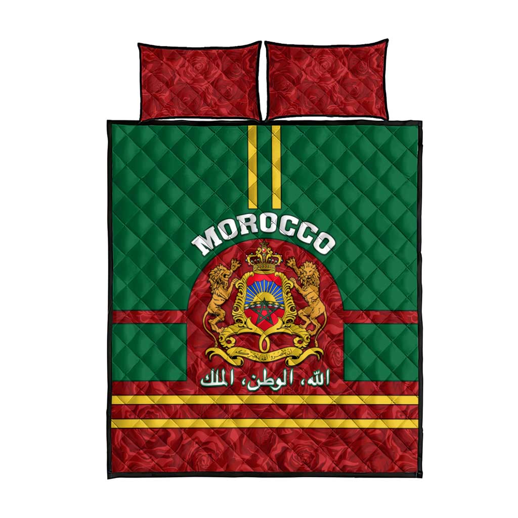 Morocco Proclamation Day Quilt Bed Set with Marruecos Coat of Arms and Roses Pattern LT01