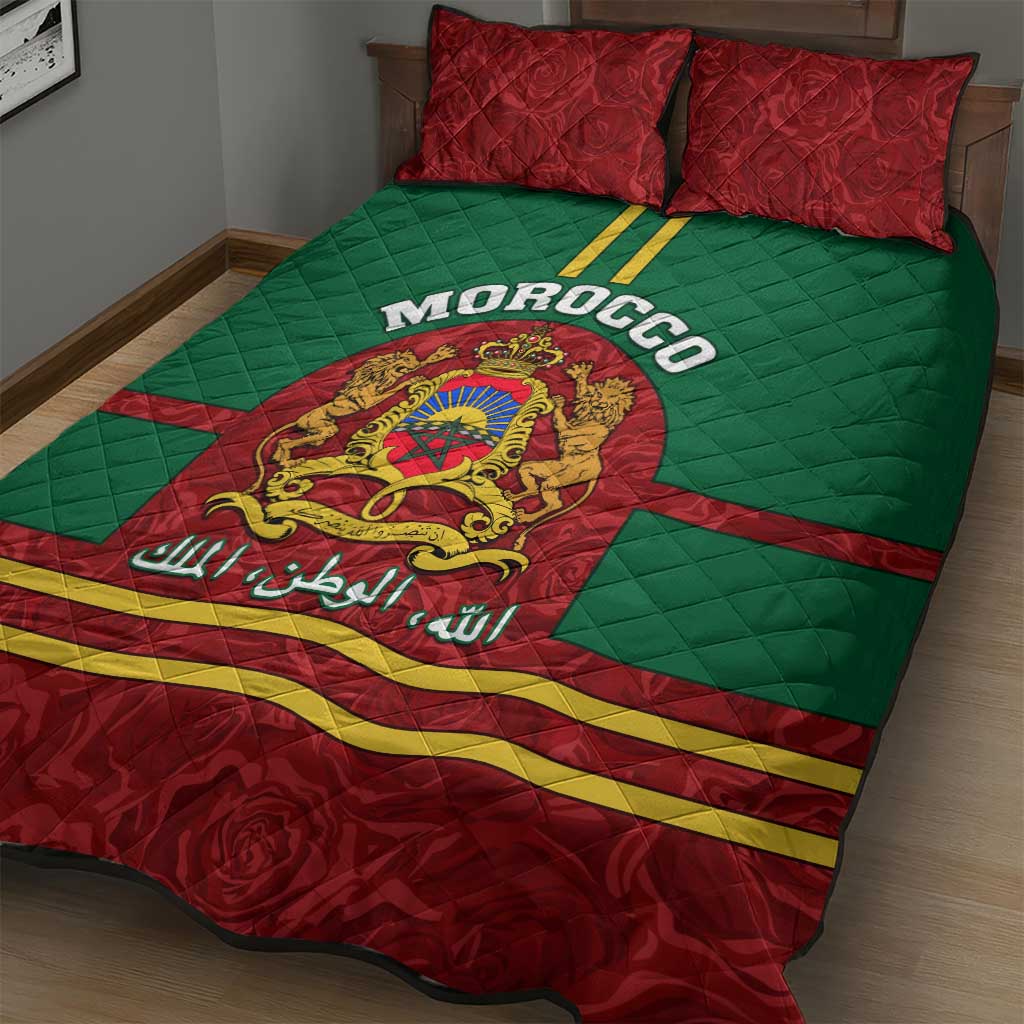 Morocco Proclamation Day Quilt Bed Set with Marruecos Coat of Arms and Roses Pattern LT01