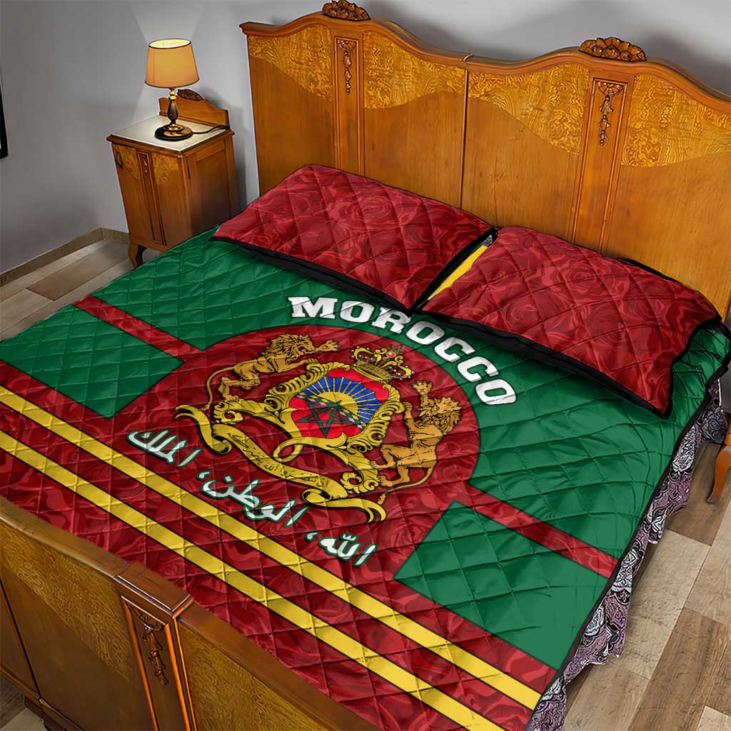 Morocco Proclamation Day Quilt Bed Set with Marruecos Coat of Arms and Roses Pattern LT01