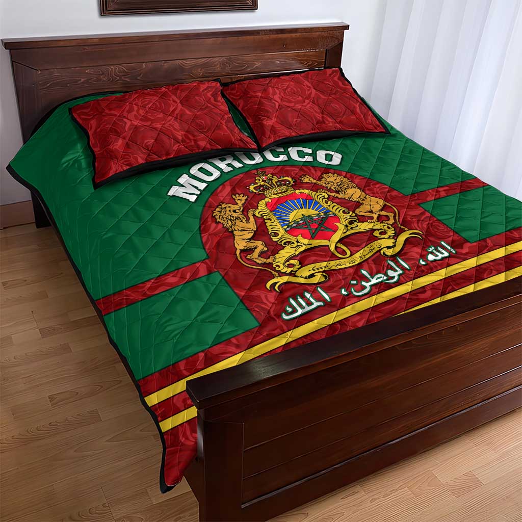 Morocco Proclamation Day Quilt Bed Set with Marruecos Coat of Arms and Roses Pattern LT01