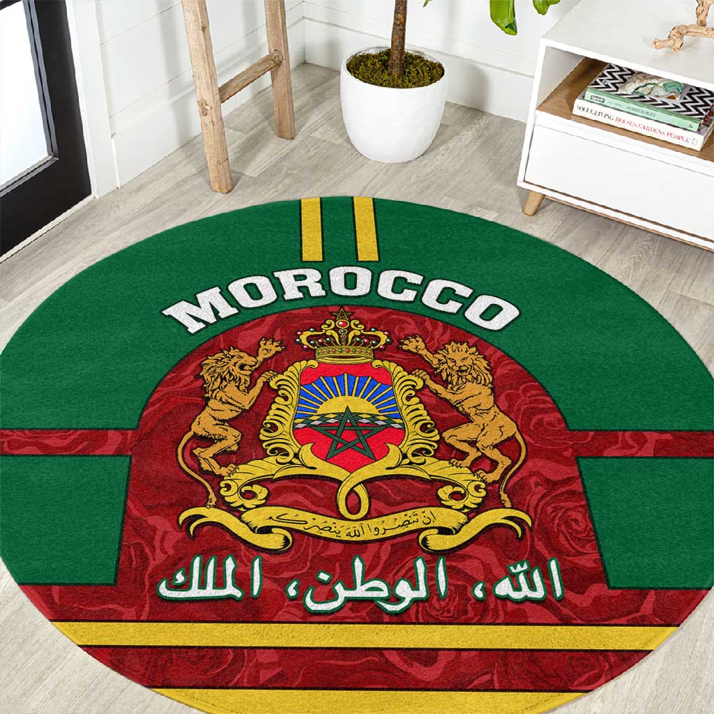 Morocco Proclamation Day Round Carpet with Marruecos Coat of Arms and Roses Pattern LT01