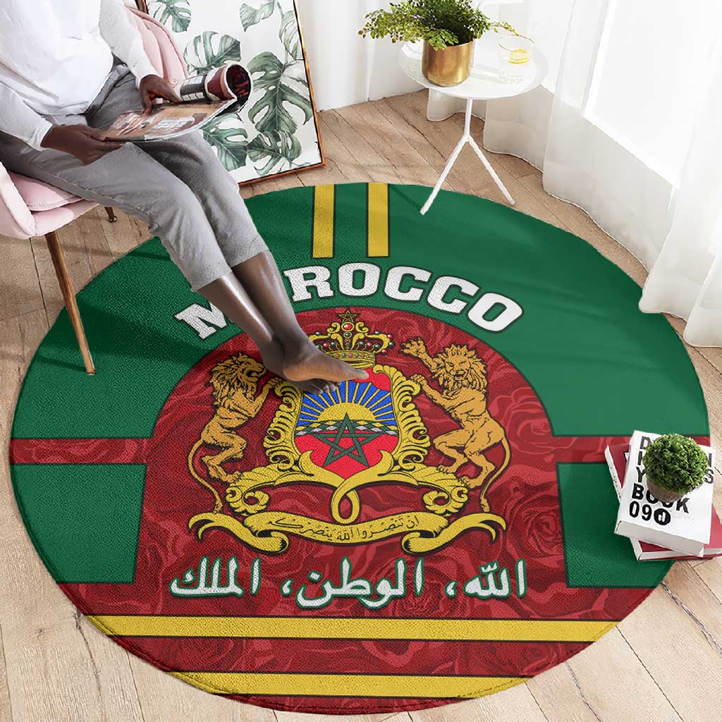 Morocco Proclamation Day Round Carpet with Marruecos Coat of Arms and Roses Pattern LT01