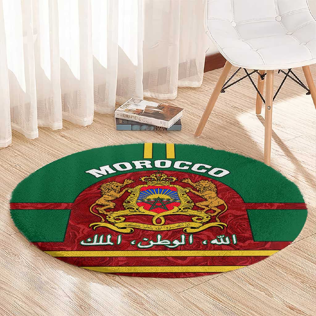 Morocco Proclamation Day Round Carpet with Marruecos Coat of Arms and Roses Pattern LT01