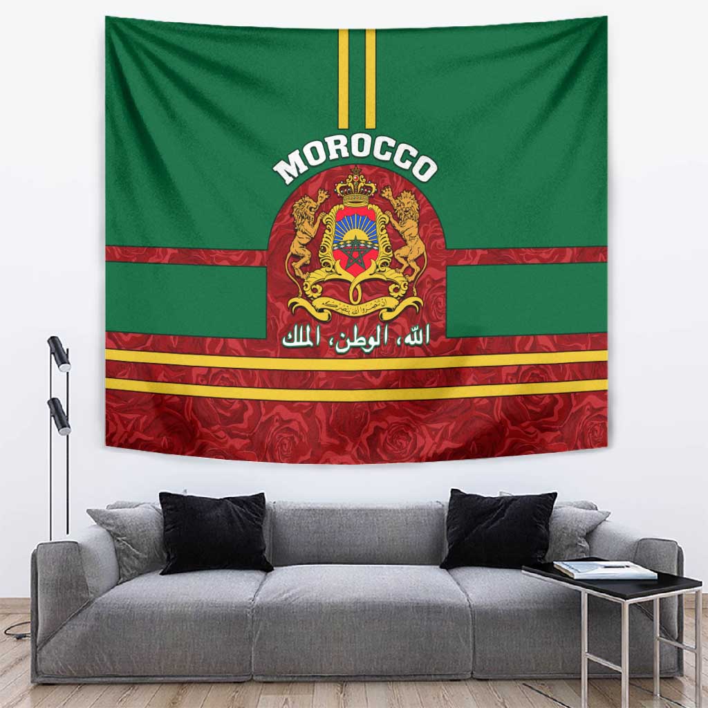 Morocco Proclamation Day Tapestry with Marruecos Coat of Arms and Roses Pattern LT01