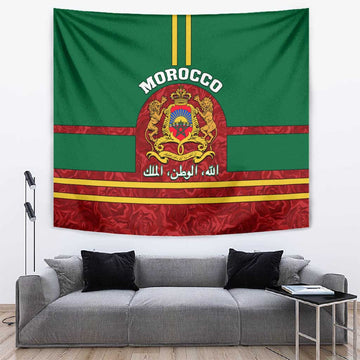 Morocco Proclamation Day Tapestry with Marruecos Coat of Arms and Roses Pattern LT01