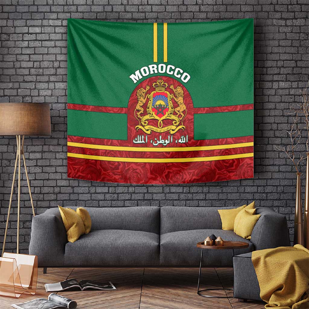 Morocco Proclamation Day Tapestry with Marruecos Coat of Arms and Roses Pattern LT01