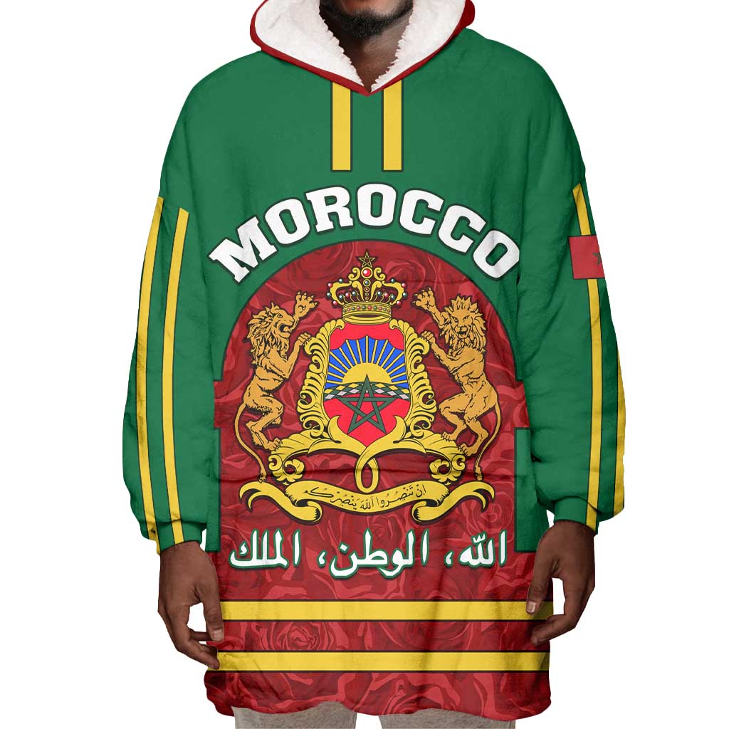 Morocco Proclamation Day Wearable Blanket Hoodie with Marruecos Coat of Arms and Roses Pattern LT01