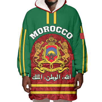 Morocco Proclamation Day Wearable Blanket Hoodie with Marruecos Coat of Arms and Roses Pattern LT01