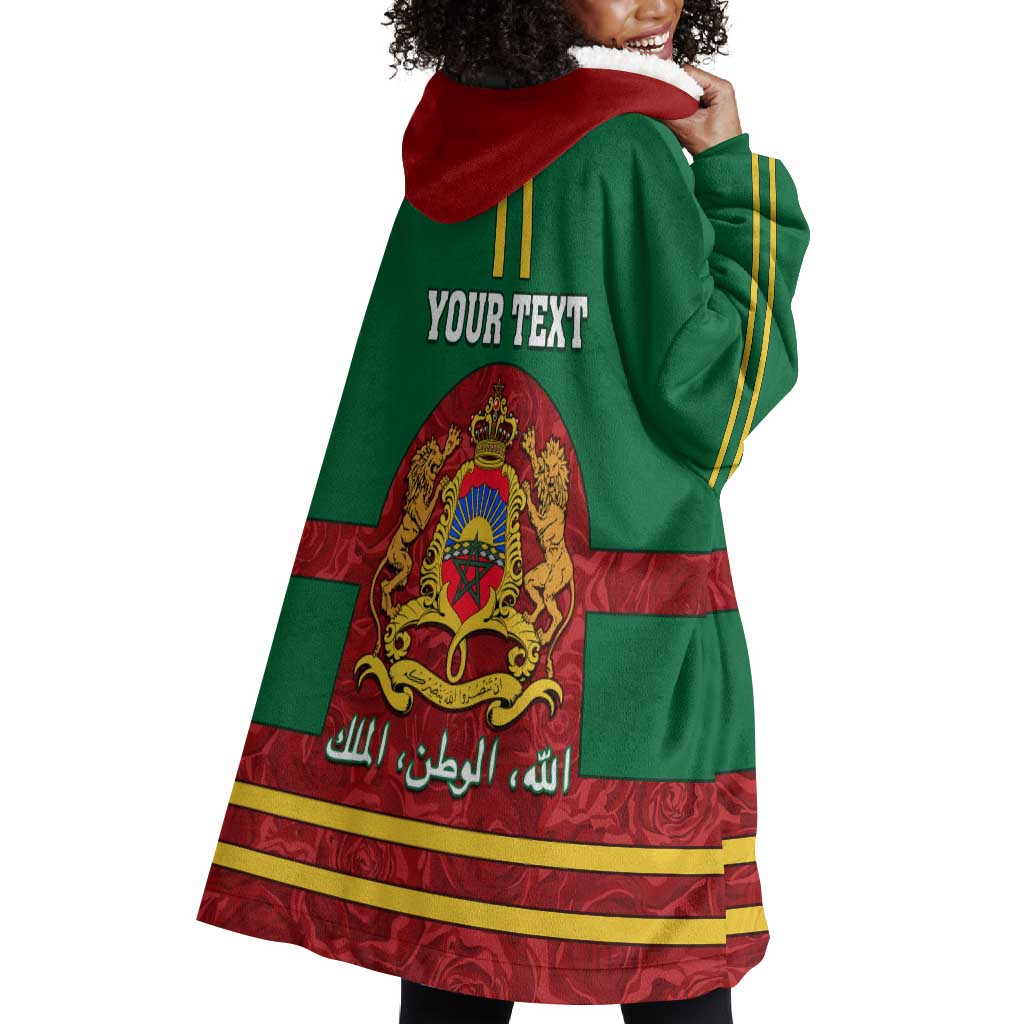 Morocco Proclamation Day Wearable Blanket Hoodie with Marruecos Coat of Arms and Roses Pattern LT01