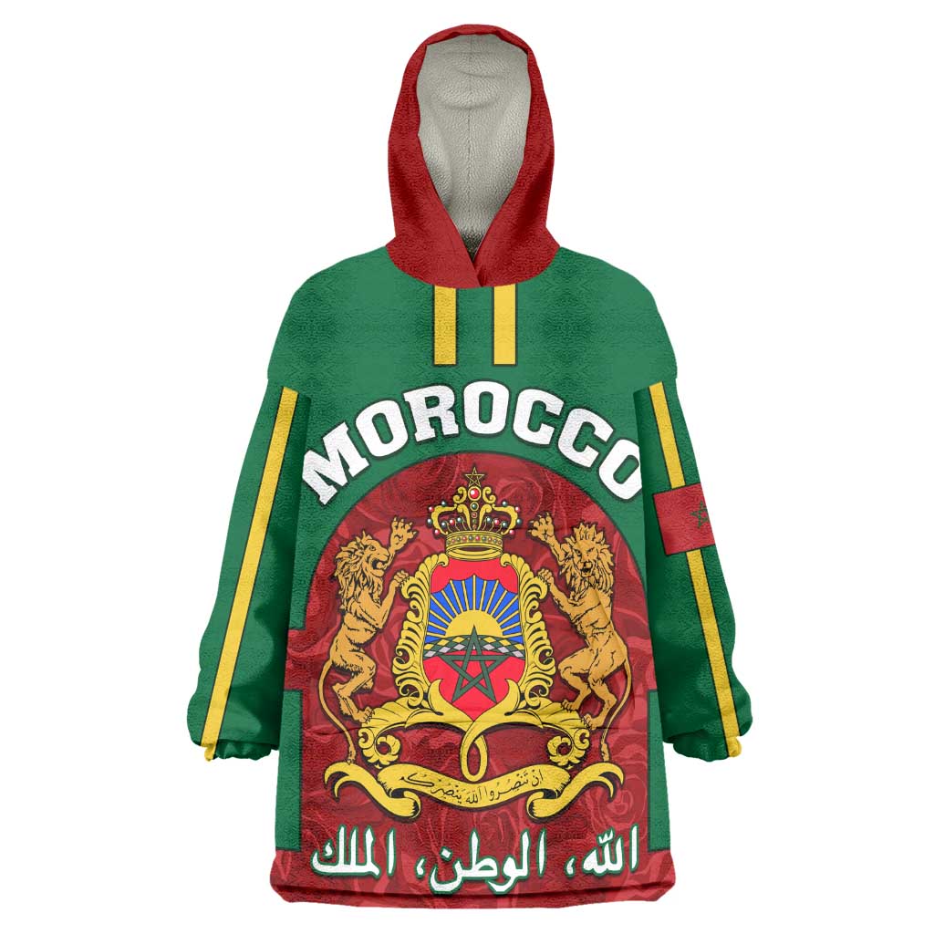 Morocco Proclamation Day Wearable Blanket Hoodie with Marruecos Coat of Arms and Roses Pattern LT01