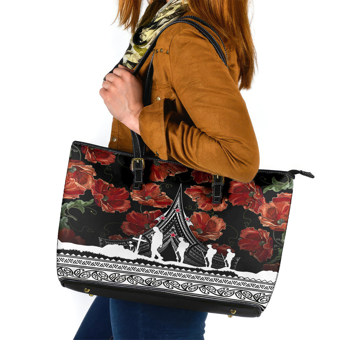 New Zealand ANZAC Day Leather Tote Bag Poppy With Polynesian Pattern LT01