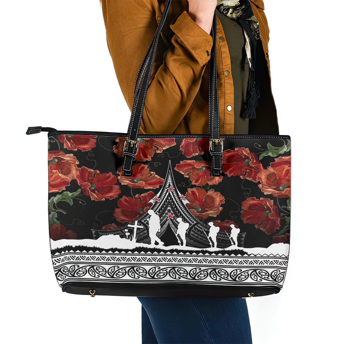 New Zealand ANZAC Day Leather Tote Bag Poppy With Polynesian Pattern LT01
