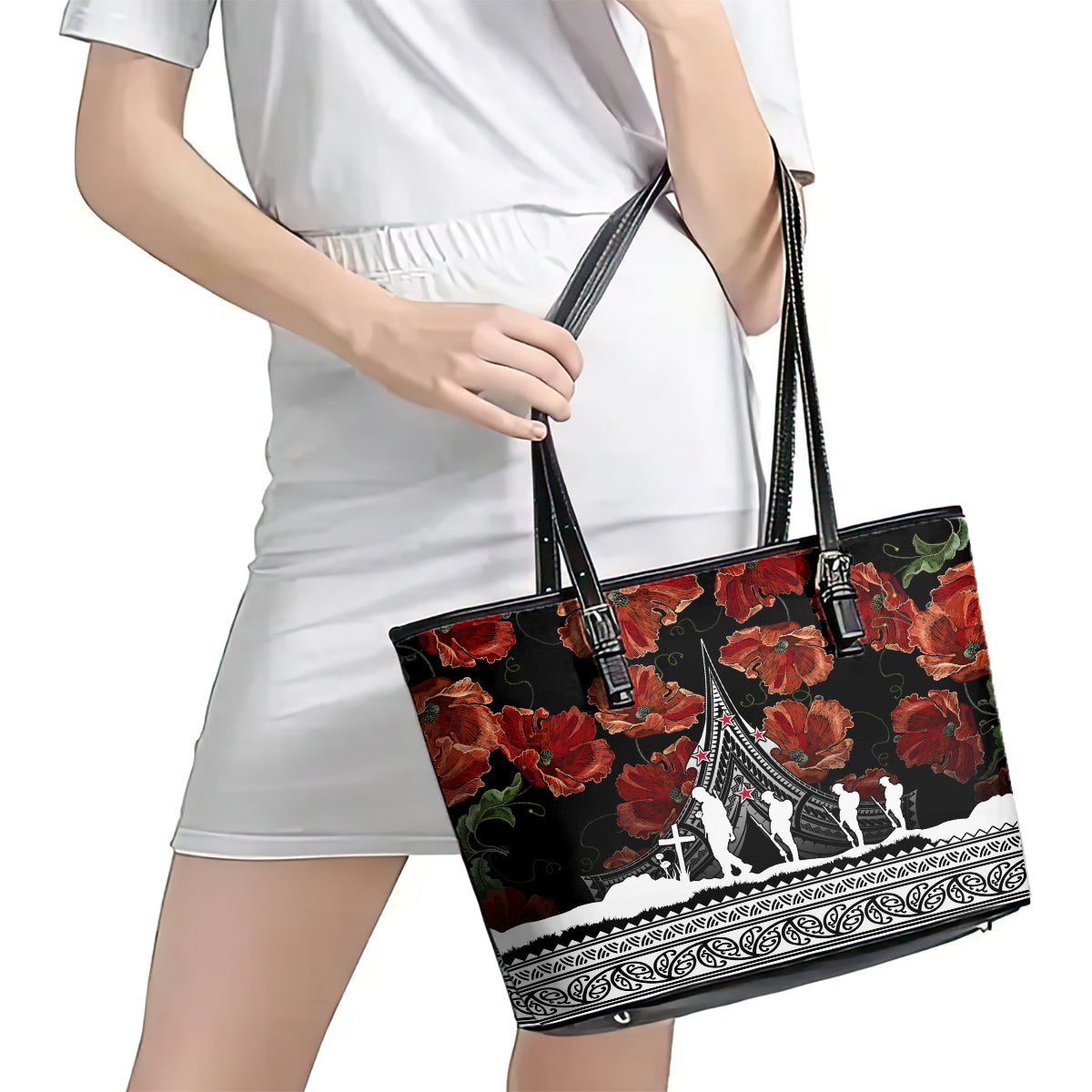 New Zealand ANZAC Day Leather Tote Bag Poppy With Polynesian Pattern LT01