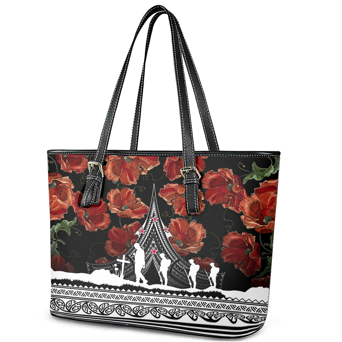 New Zealand ANZAC Day Leather Tote Bag Poppy With Polynesian Pattern LT01