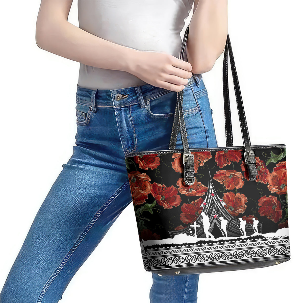 New Zealand ANZAC Day Leather Tote Bag Poppy With Polynesian Pattern LT01