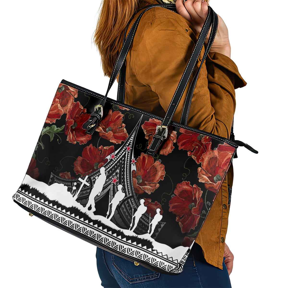 New Zealand ANZAC Day Leather Tote Bag Poppy With Polynesian Pattern LT01