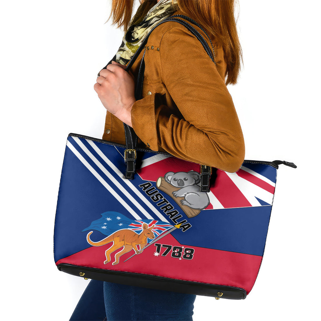 Australia Day Kangaroo and Koala With Flag Leather Tote Bag LT01