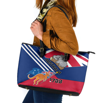 Australia Day Kangaroo and Koala With Flag Leather Tote Bag LT01