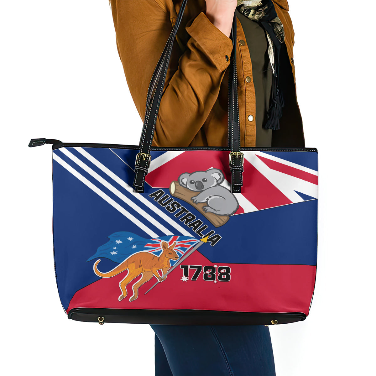 Australia Day Kangaroo and Koala With Flag Leather Tote Bag LT01