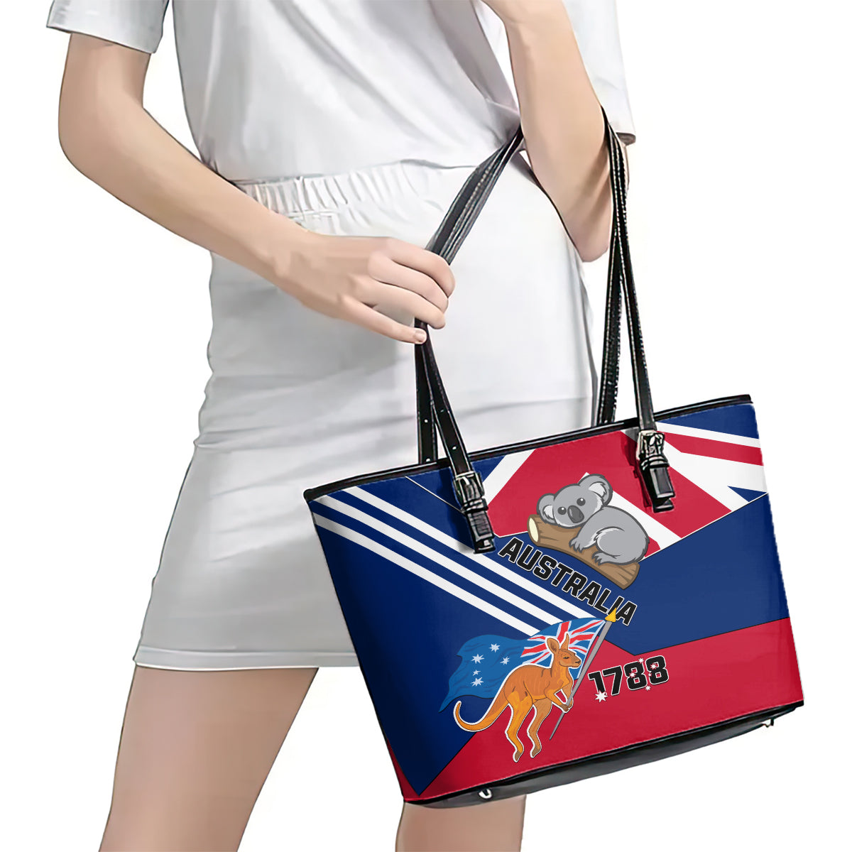 Australia Day Kangaroo and Koala With Flag Leather Tote Bag LT01