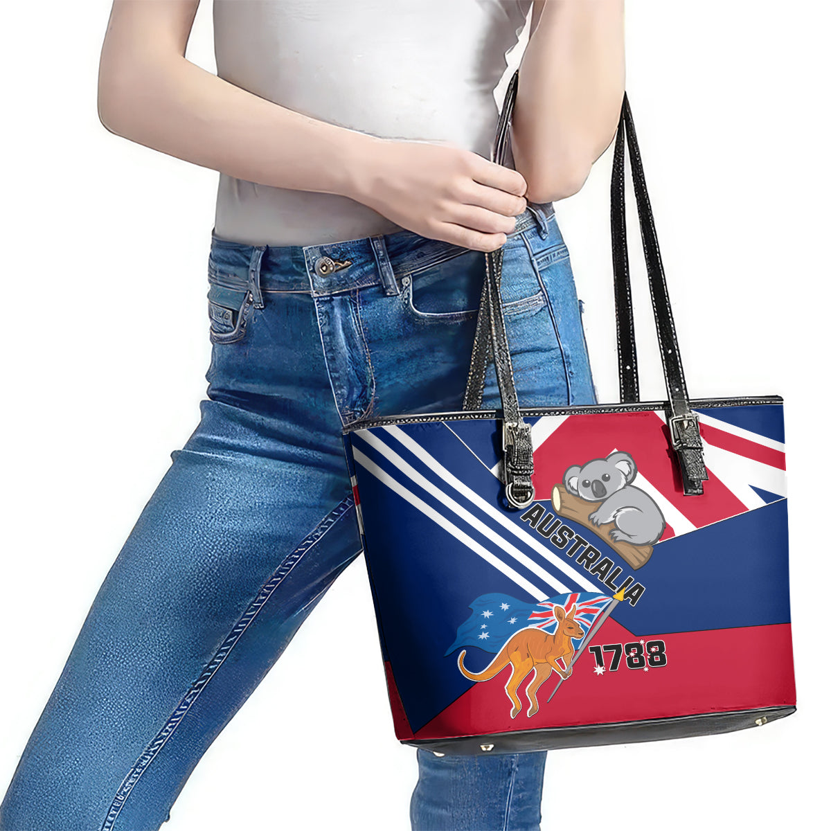 Australia Day Kangaroo and Koala With Flag Leather Tote Bag LT01