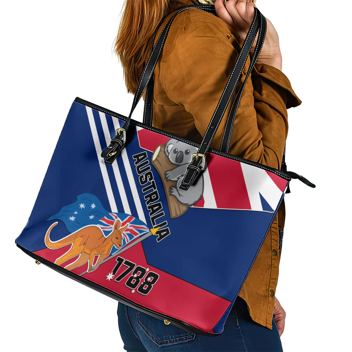 Australia Day Kangaroo and Koala With Flag Leather Tote Bag LT01