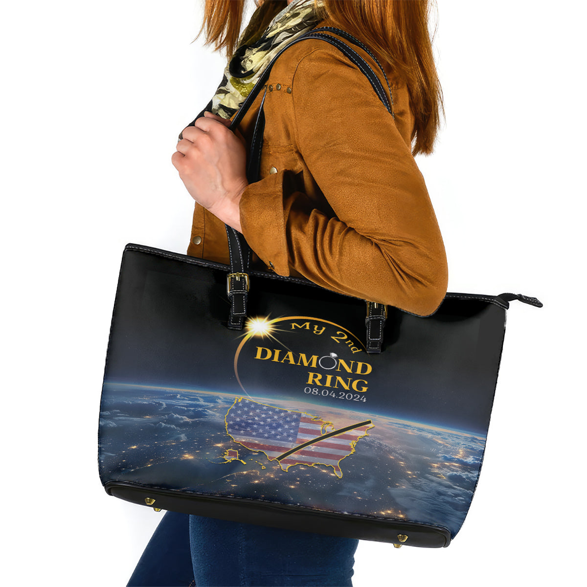 Total Solar Eclipse 2024 Leather Tote Bag My 2nd Diamond Ring LT01
