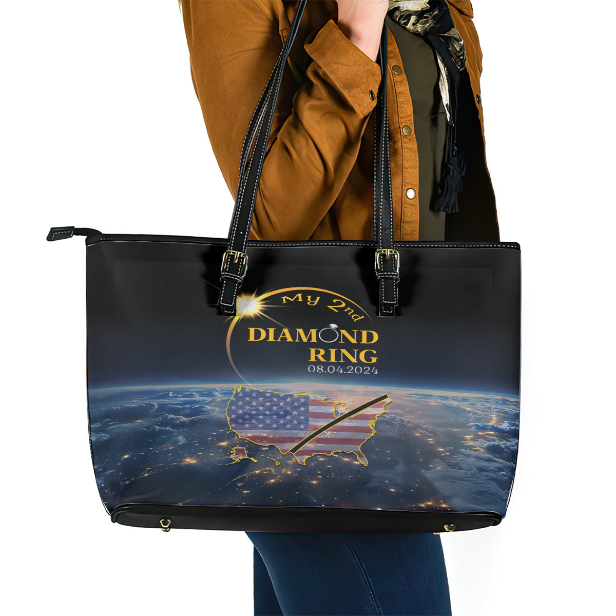 Total Solar Eclipse 2024 Leather Tote Bag My 2nd Diamond Ring LT01