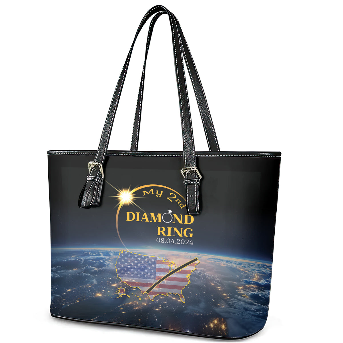Total Solar Eclipse 2024 Leather Tote Bag My 2nd Diamond Ring LT01