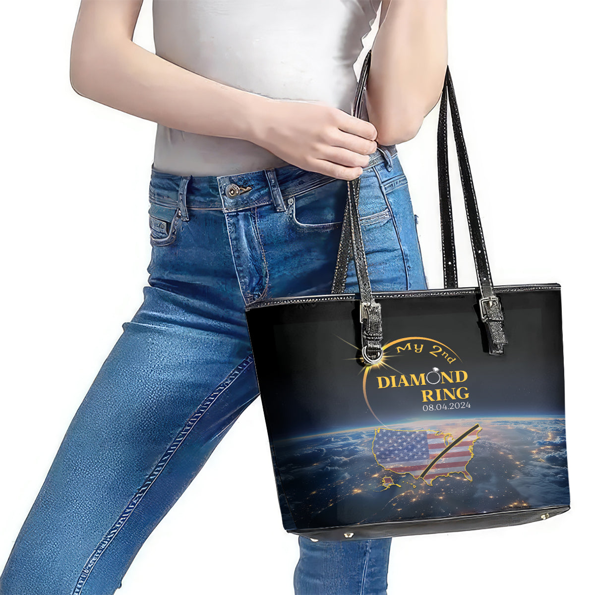 Total Solar Eclipse 2024 Leather Tote Bag My 2nd Diamond Ring LT01