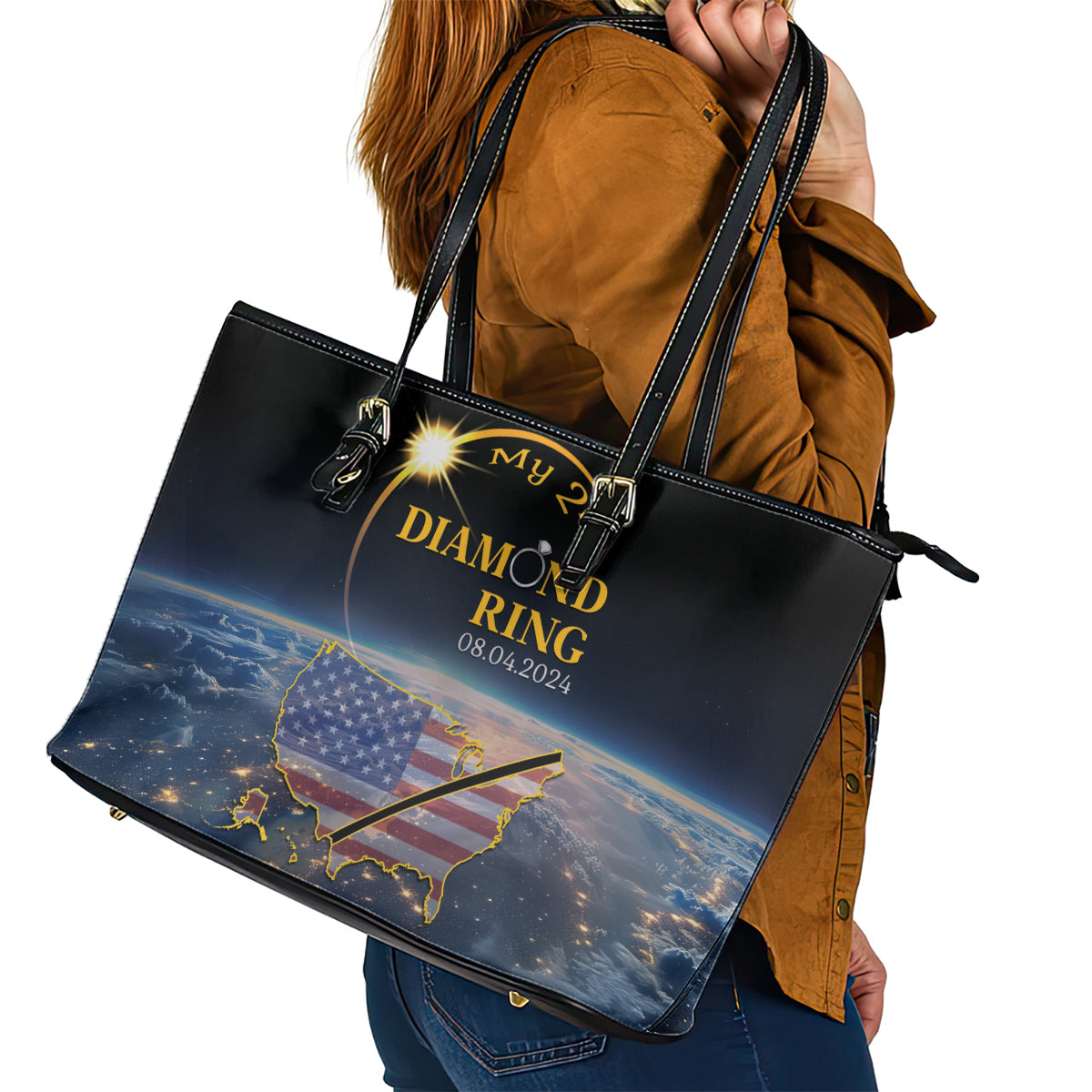 Total Solar Eclipse 2024 Leather Tote Bag My 2nd Diamond Ring LT01
