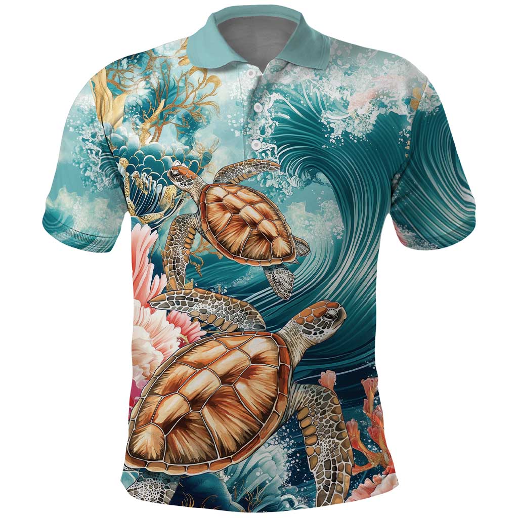 Personalized Caribbean Sea Turtle Polo Shirt Fantastic Ocean Waves LT01