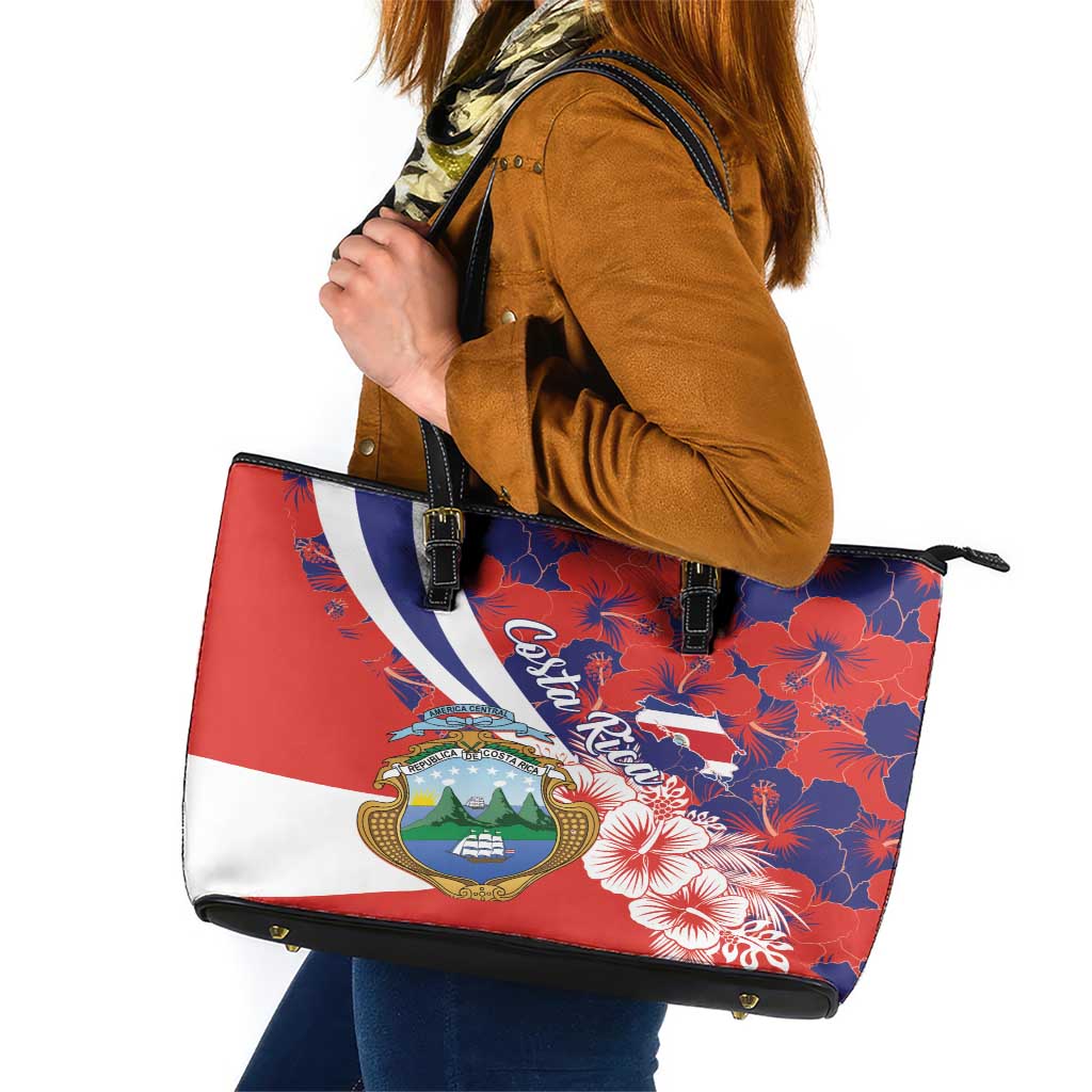 Costa Rica Leather Tote Bag Coat of Arms Hibiscus Pattern LT01