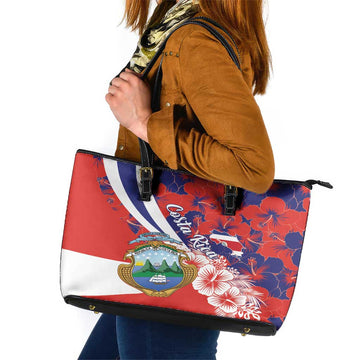 Costa Rica Leather Tote Bag Coat of Arms Hibiscus Pattern LT01