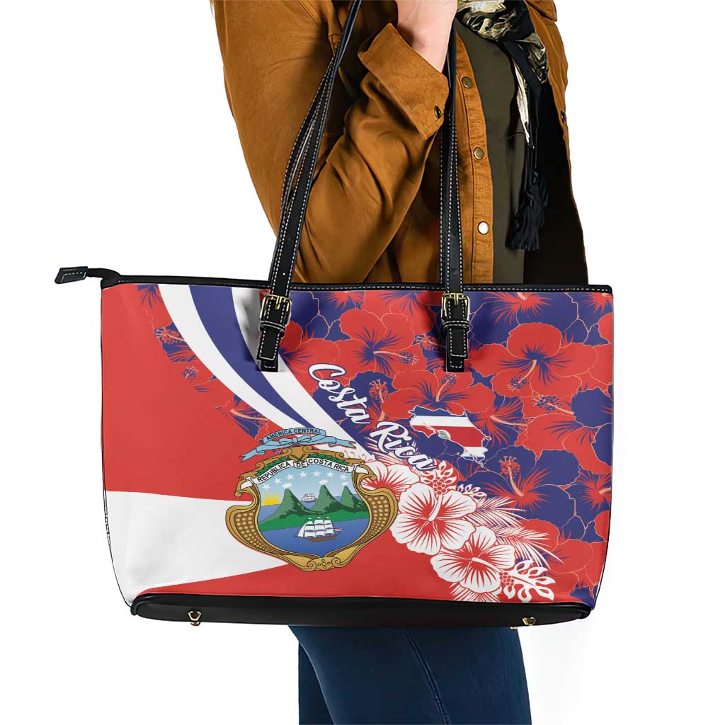 Costa Rica Leather Tote Bag Coat of Arms Hibiscus Pattern LT01