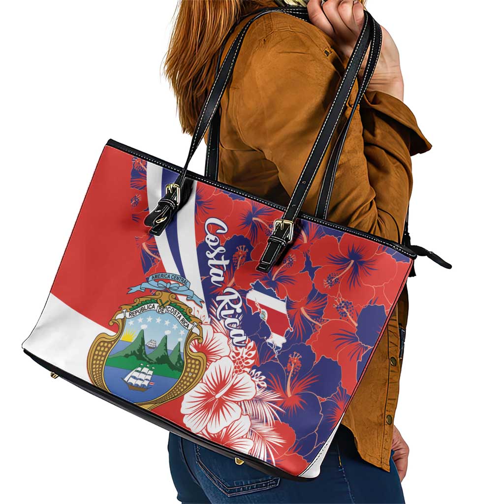 Costa Rica Leather Tote Bag Coat of Arms Hibiscus Pattern LT01