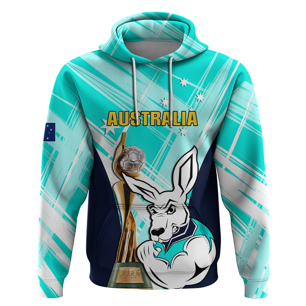 Australia Soccer Hoodie Matildas Kangaroo With World Cup Trophy 2023 Turquoise Version LT01