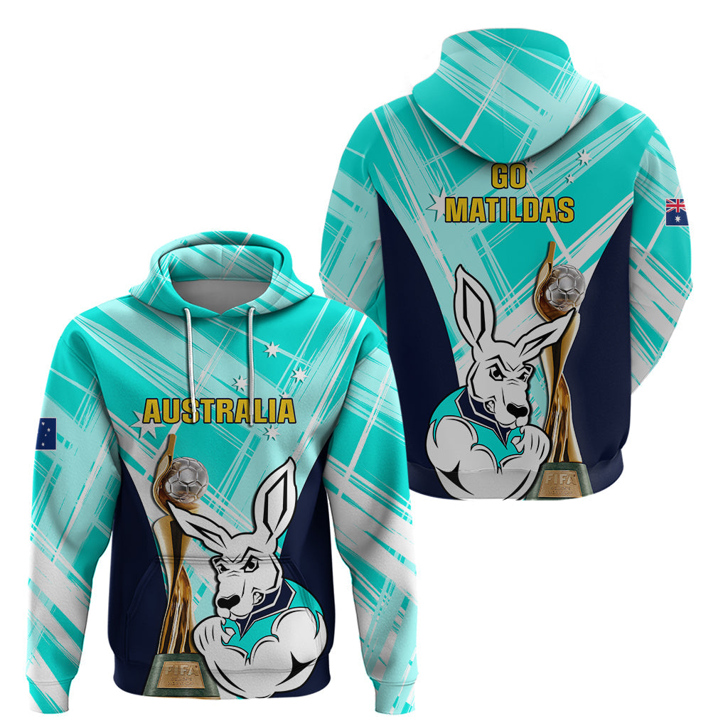Australia Soccer Hoodie Matildas Kangaroo With World Cup Trophy 2023 Turquoise Version LT01